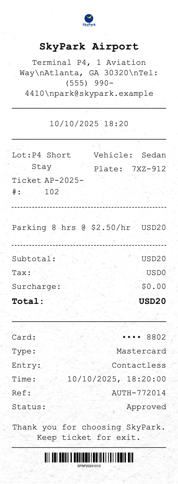 Airport Parking Receipt - Professional receipt template preview