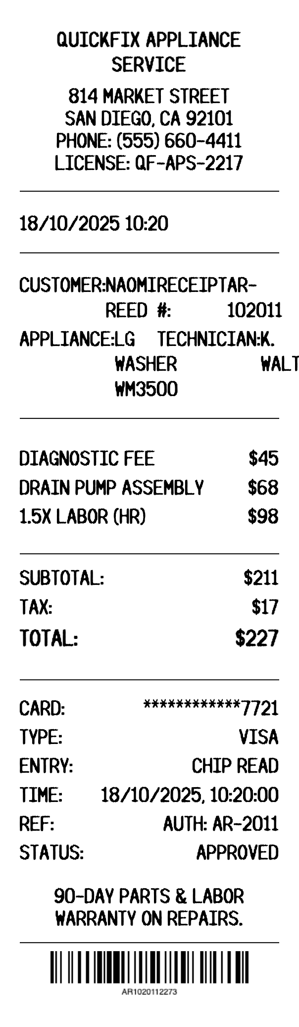 Appliance Repair Receipt preview