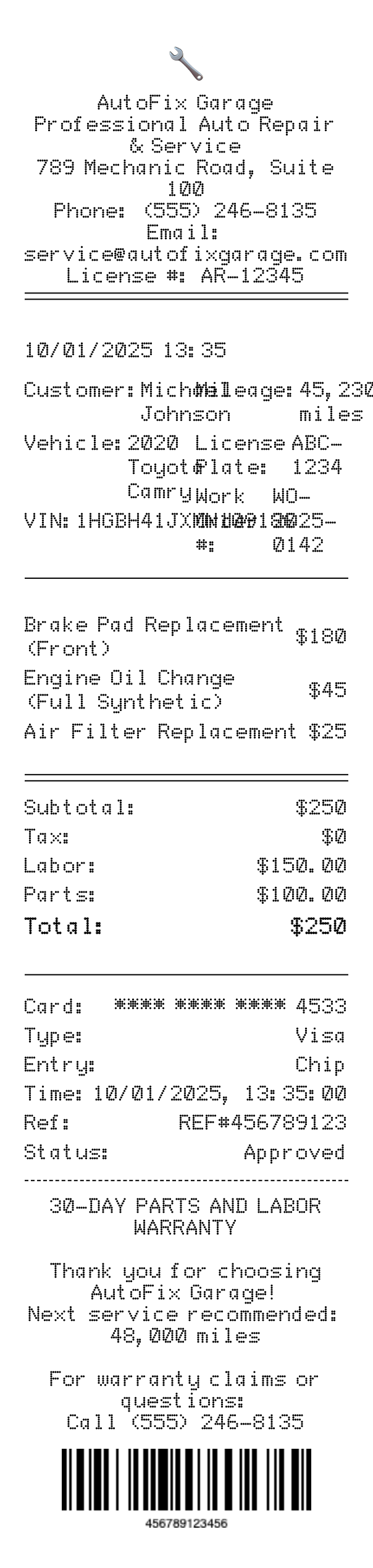 Auto Repair Receipt receipt template preview