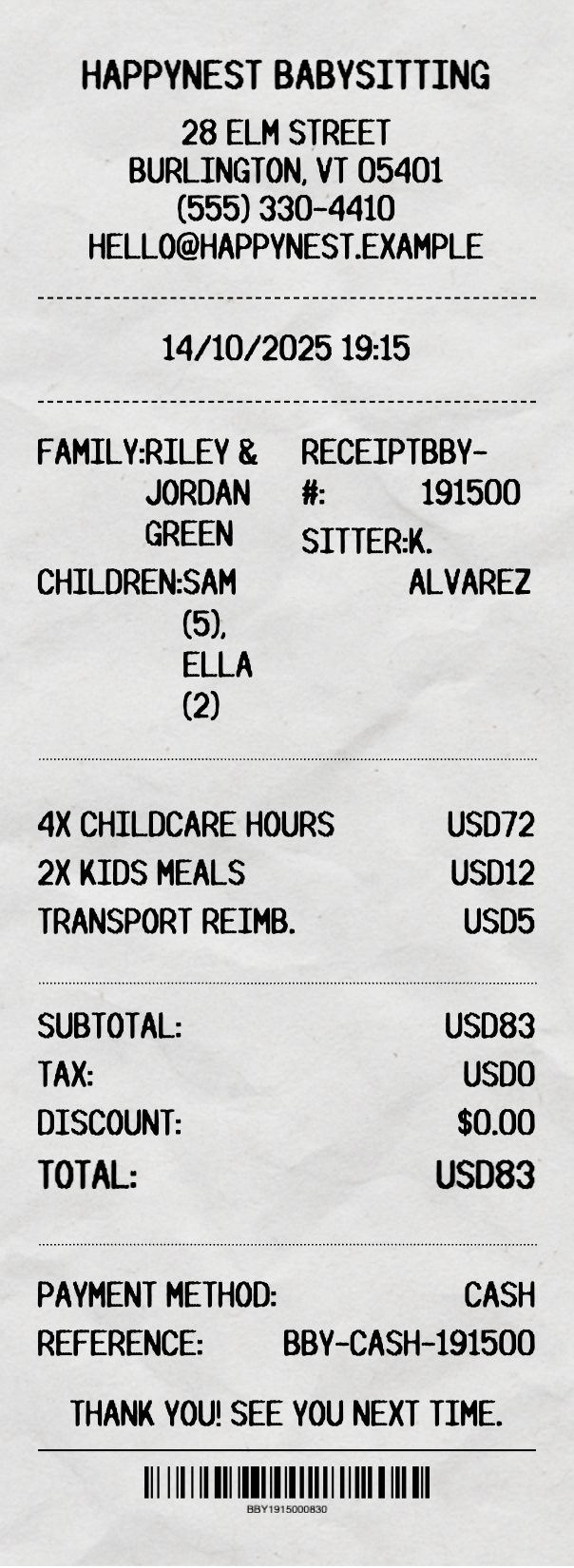 Babysitting Receipt - Professional receipt template preview