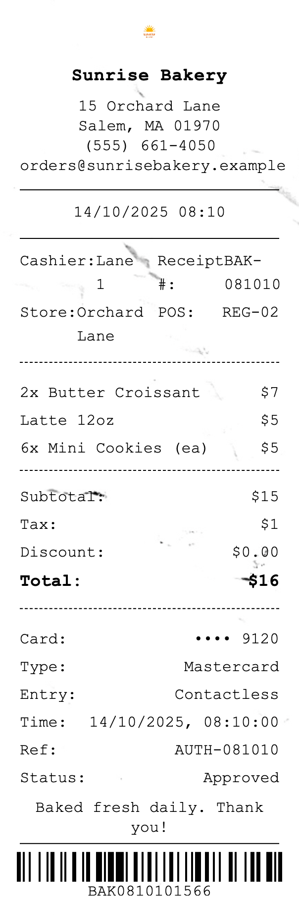 Bakery Receipt receipt template preview