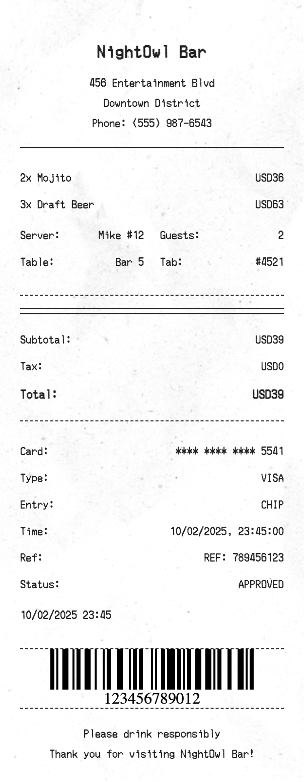 Bar Receipt - Professional receipt template preview