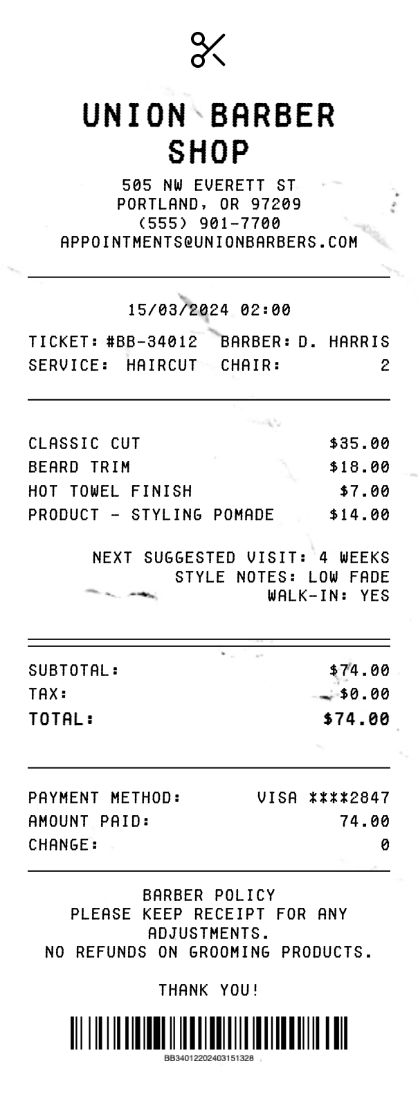 Barber Shop Receipt - Professional receipt template preview