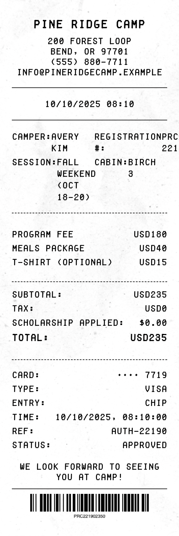 Camp Receipt receipt template preview