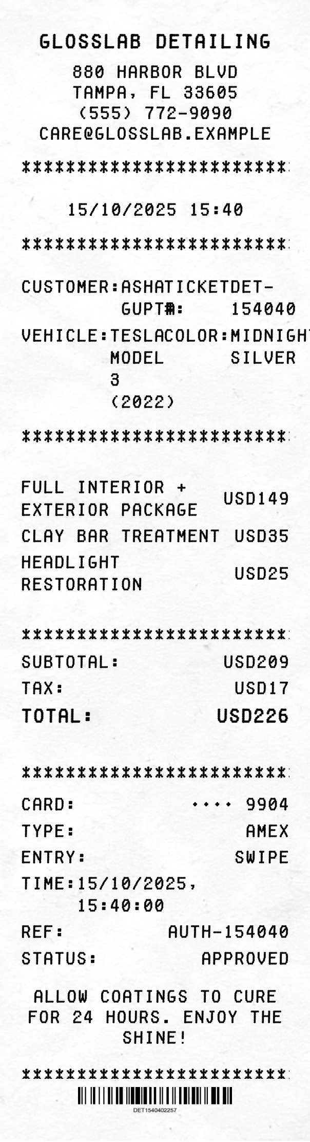 Car Detailing Receipt - Professional receipt template preview