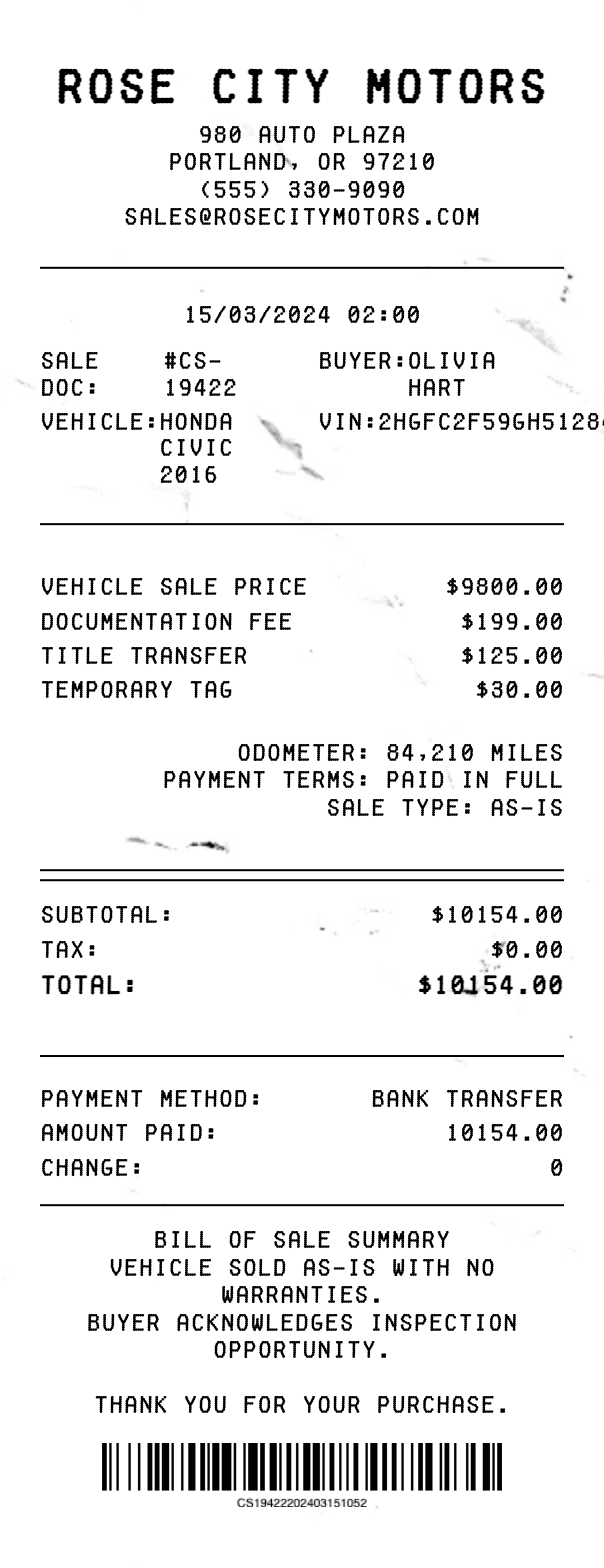 Car Sale Receipt - Professional receipt template preview