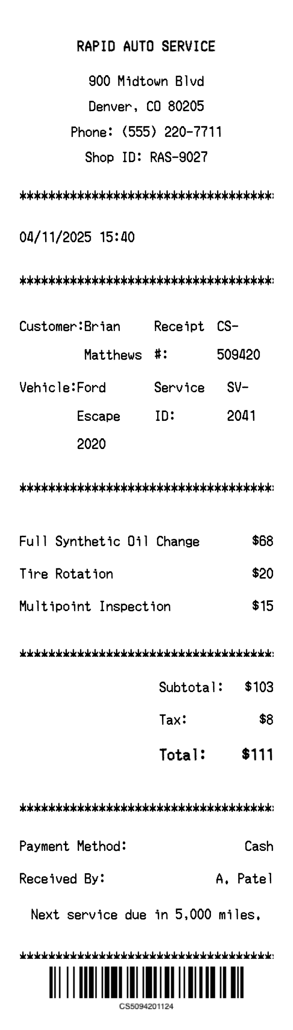Car Servicing Receipt - Professional receipt template preview