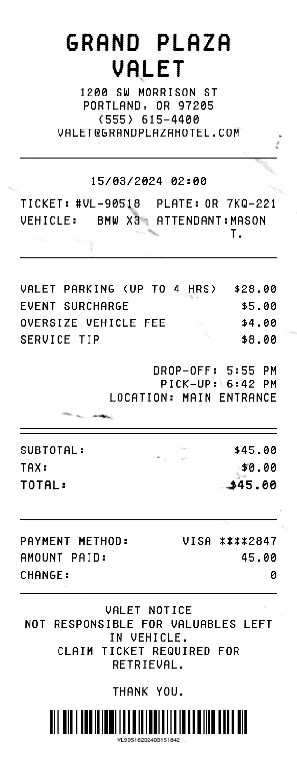 Car Valet Receipt - Professional receipt template preview