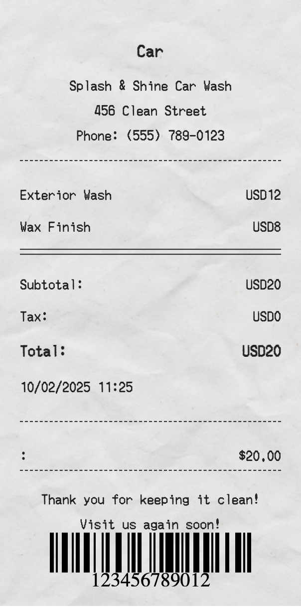Car Wash Receipt - Professional receipt template preview