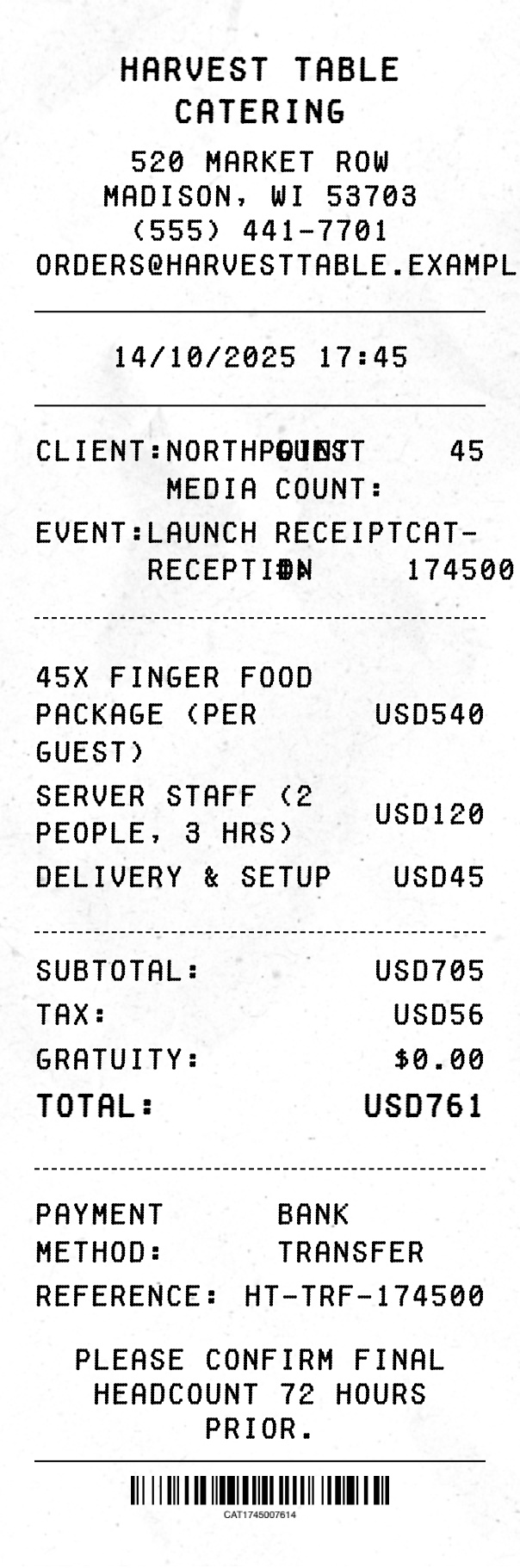 Catering Receipt - Professional receipt template preview