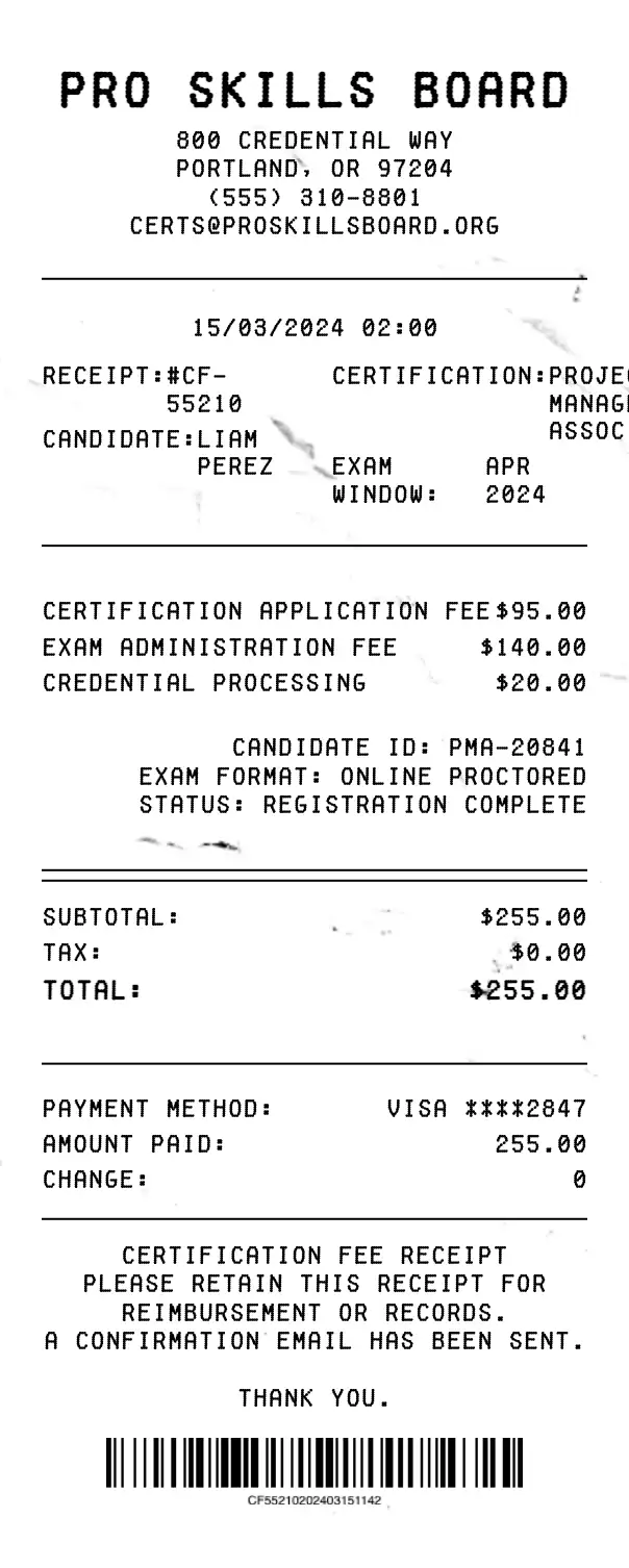 Certification Fee Receipt preview