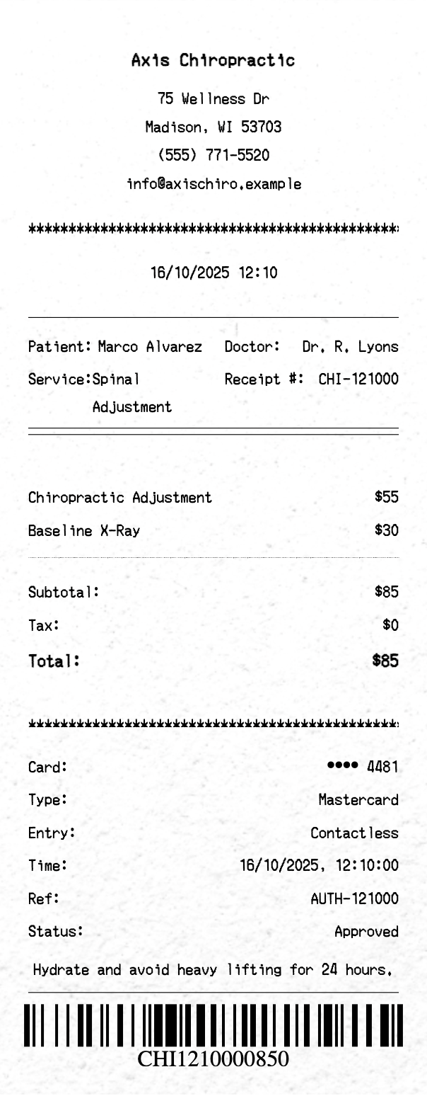 Chiropractor Receipt - Professional receipt template preview