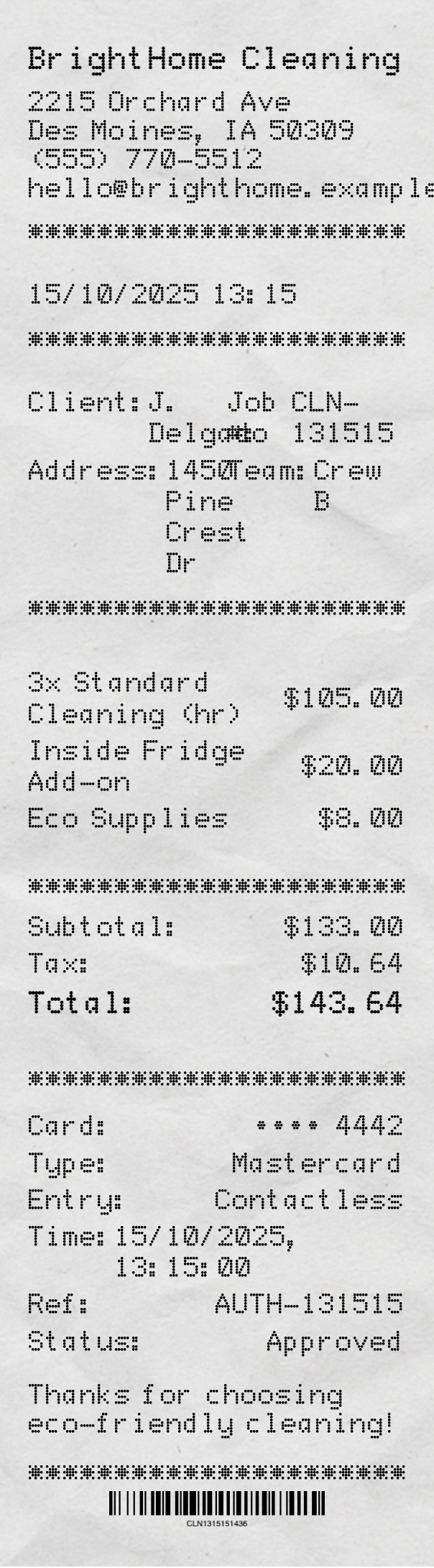 Cleaning Receipt - Professional receipt template preview