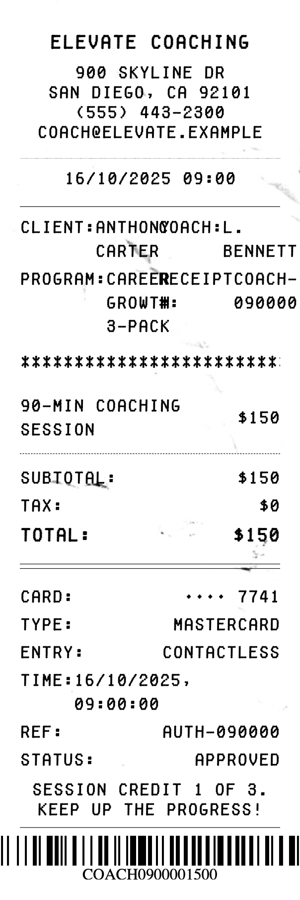 Coaching Session Receipt - Professional receipt template preview