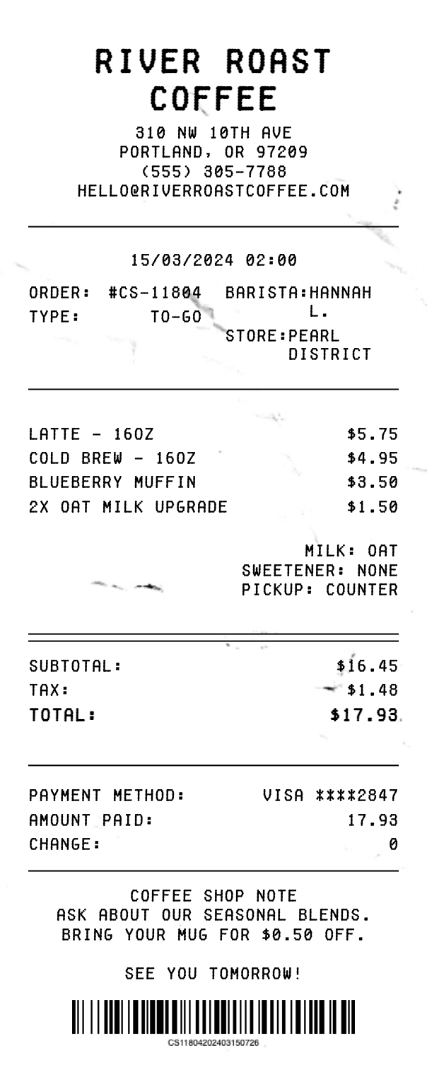 Coffee Shop Receipt - Professional receipt template preview