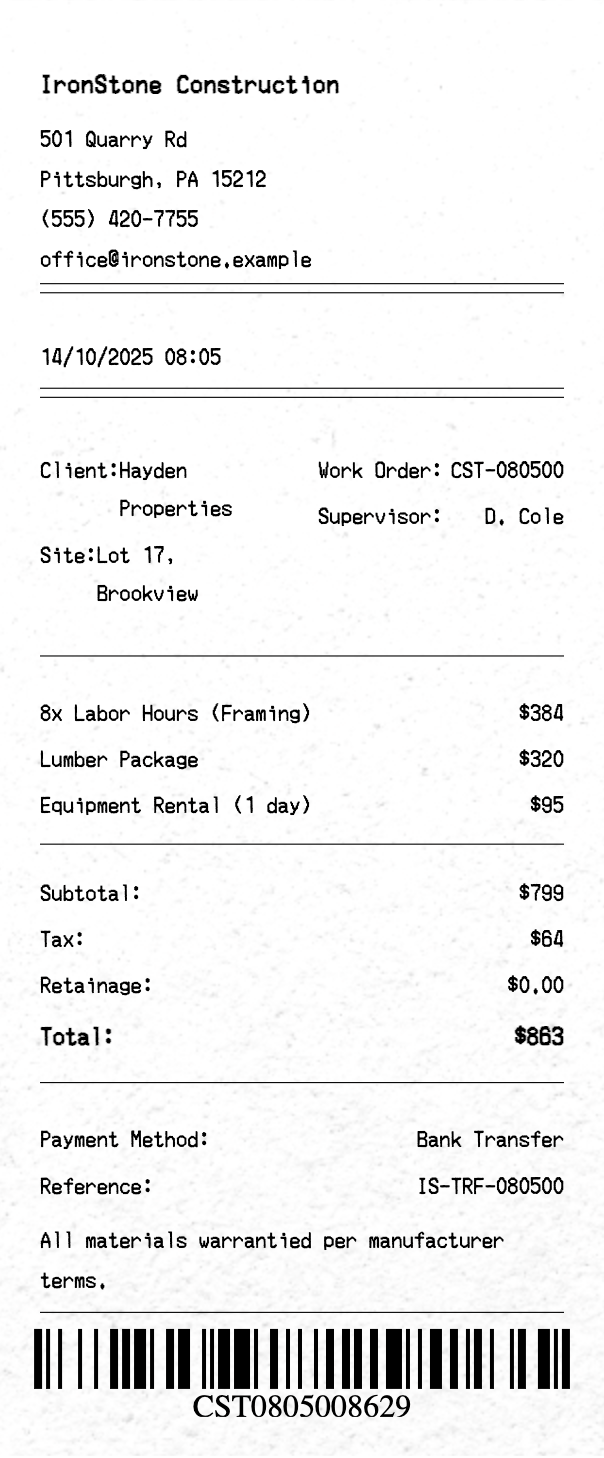 Construction Receipt - Professional receipt template preview