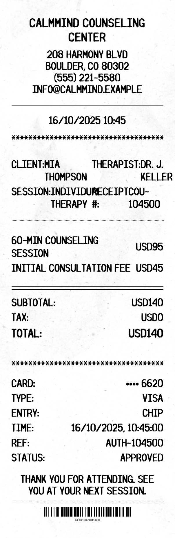 Counseling Receipt - Professional receipt template preview