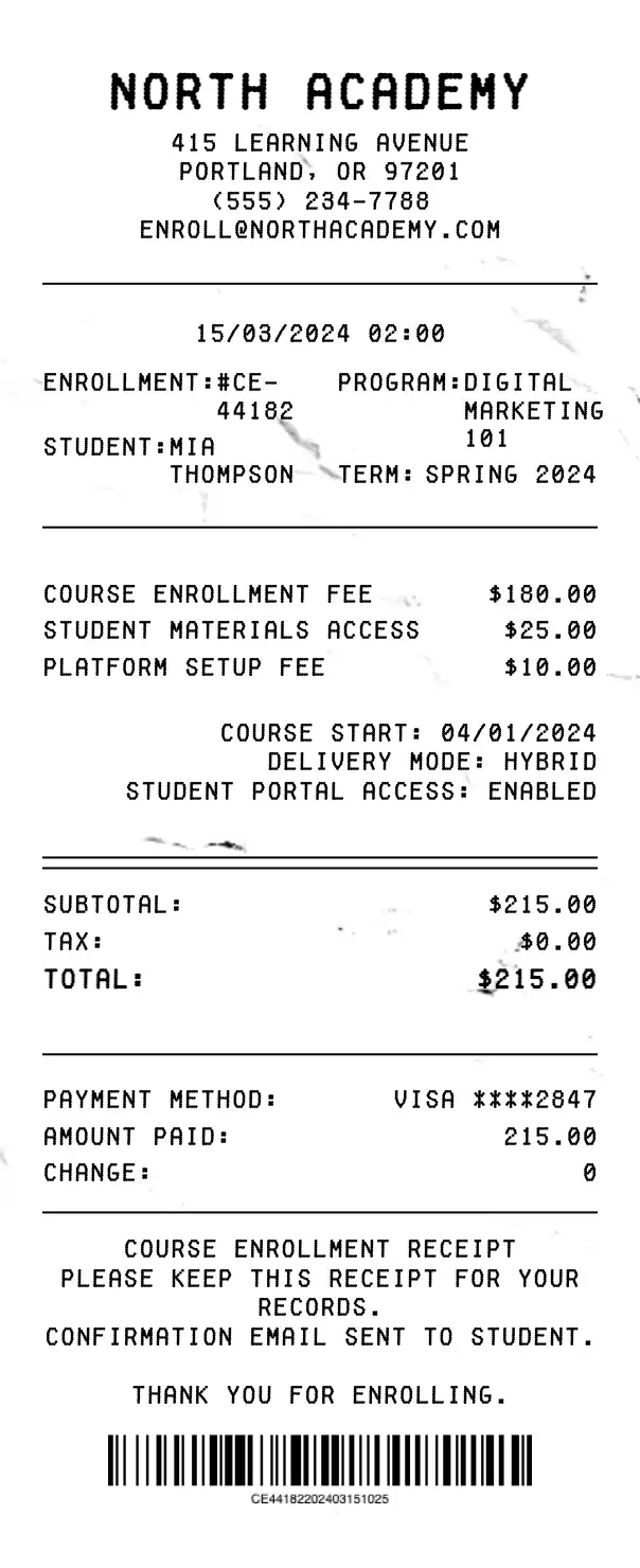 Course Enrollment Receipt preview