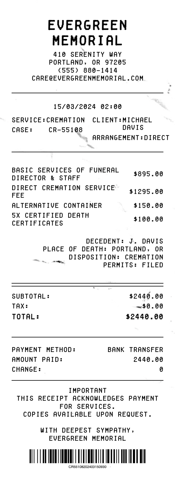 Cremation Receipt - Professional receipt template preview
