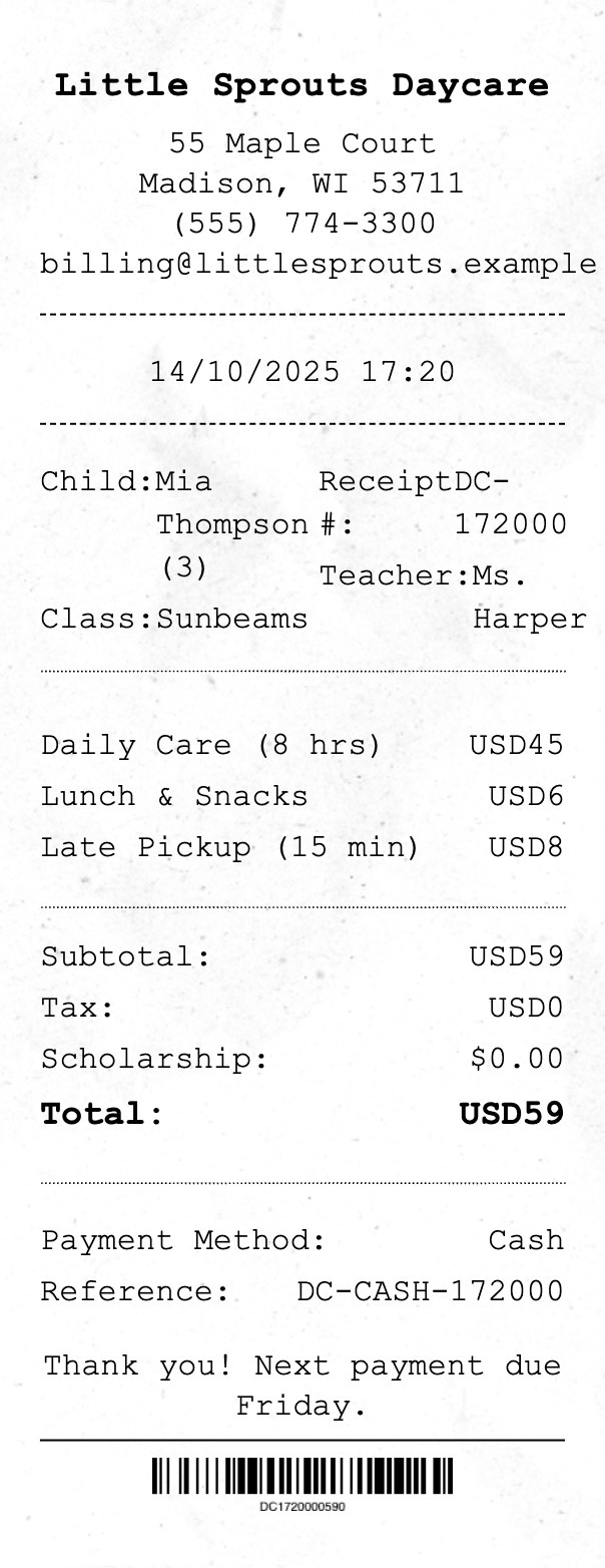 Daycare Receipt - Professional receipt template preview