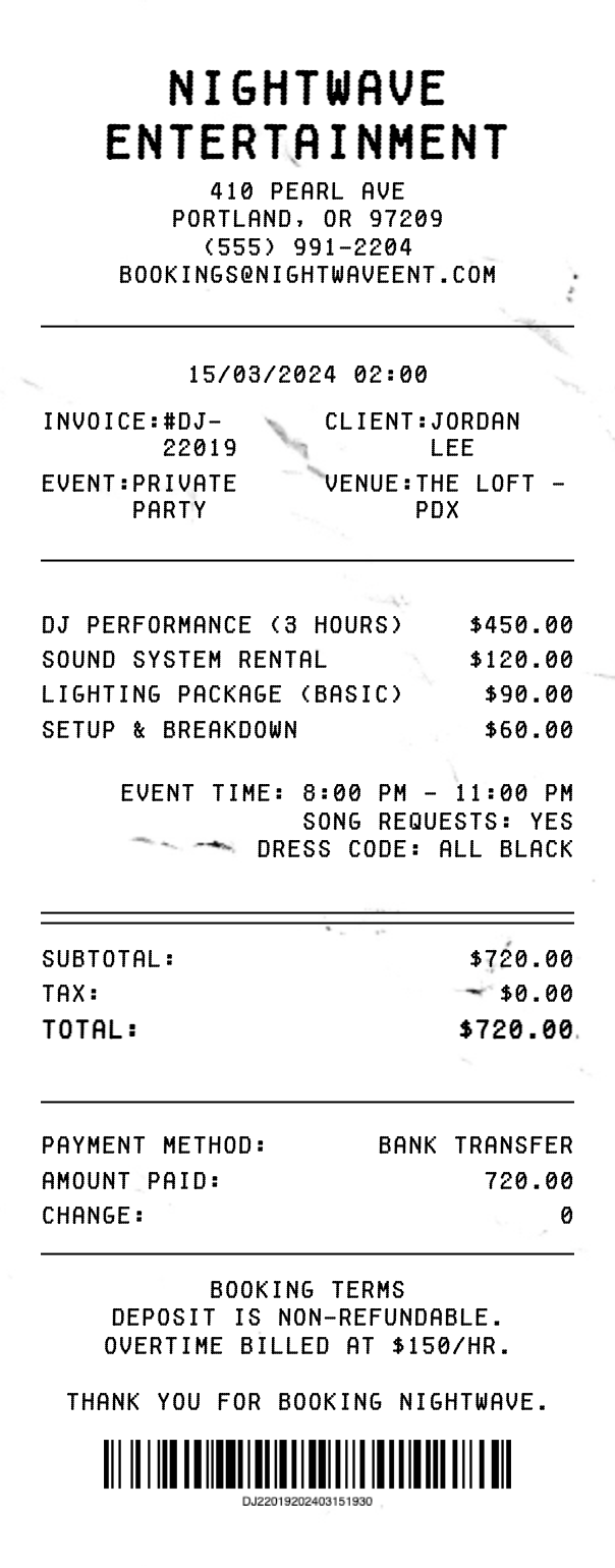 DJ Receipt - Professional receipt template preview
