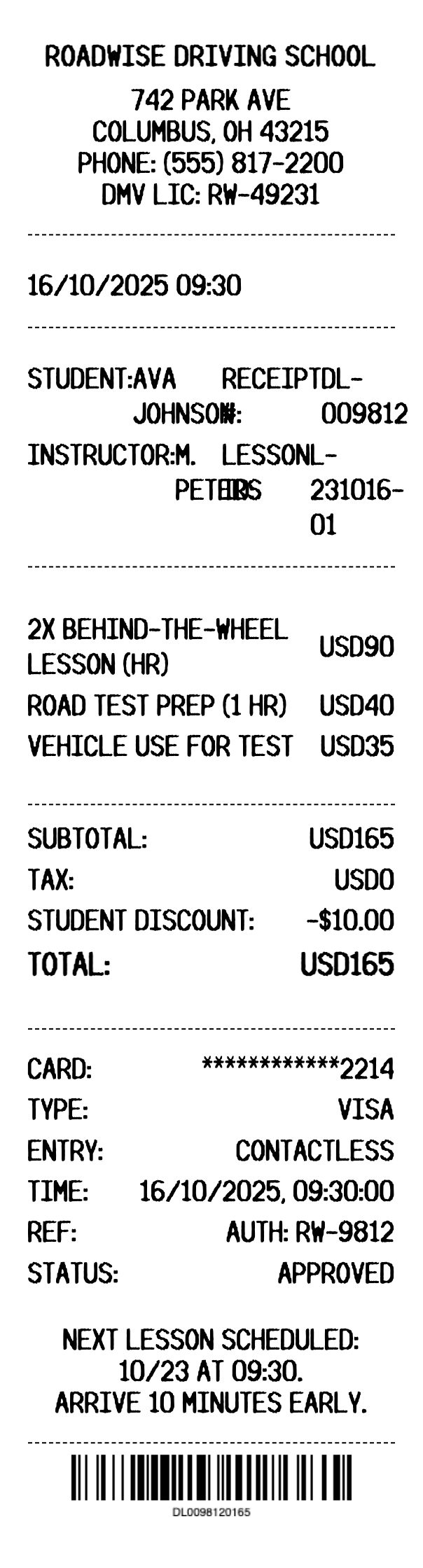 Driving Lesson Receipt - Professional receipt template preview