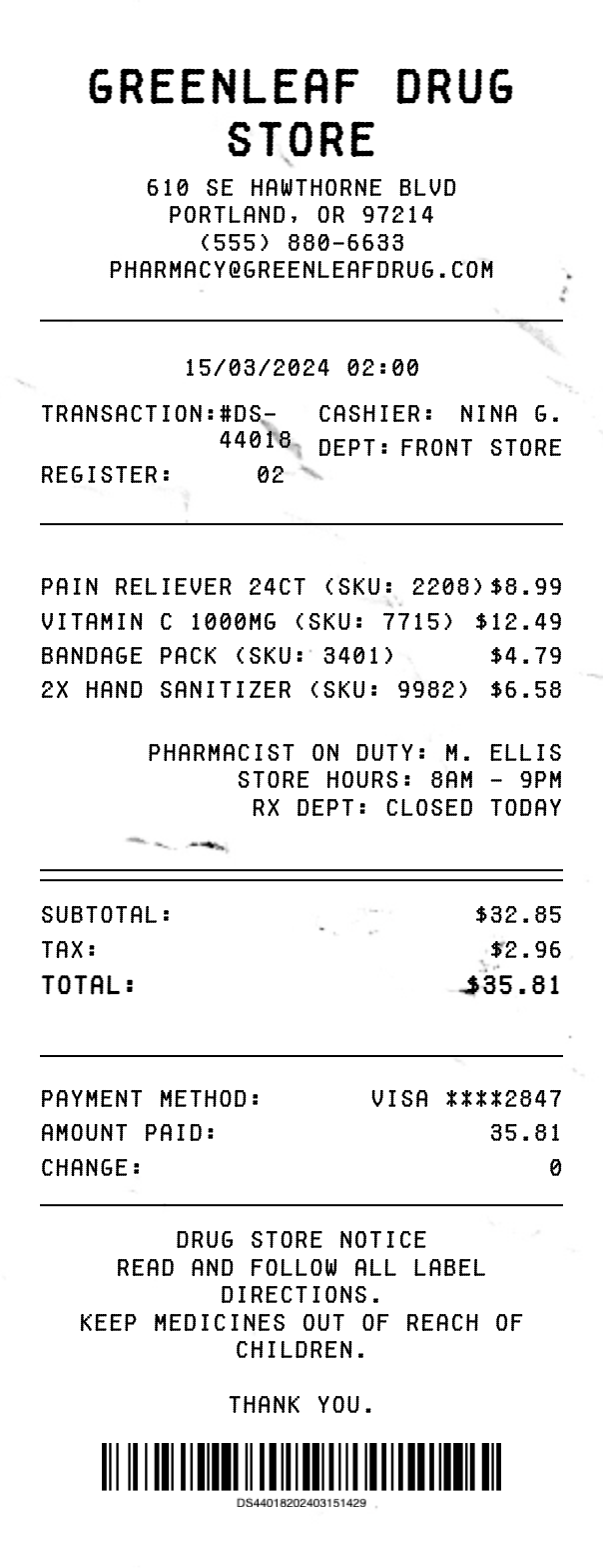 Drug Store Receipt - Professional receipt template preview