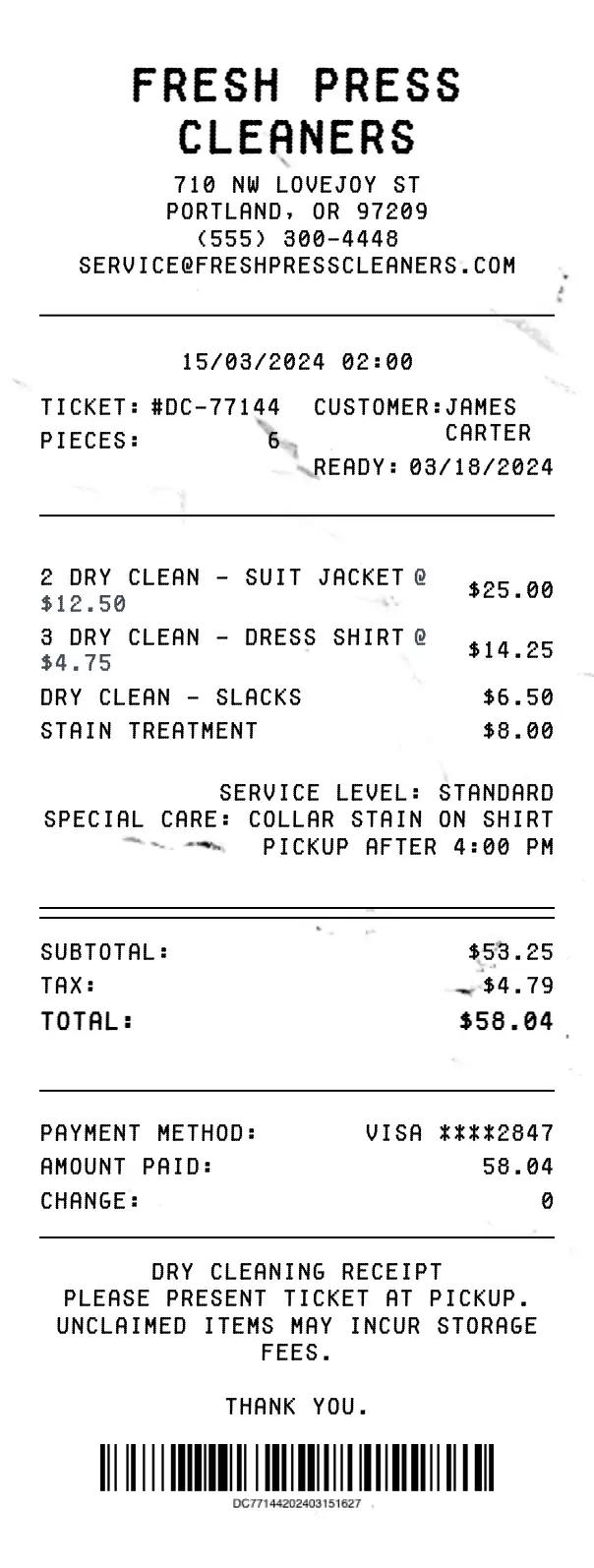 Dry Cleaning Receipt preview