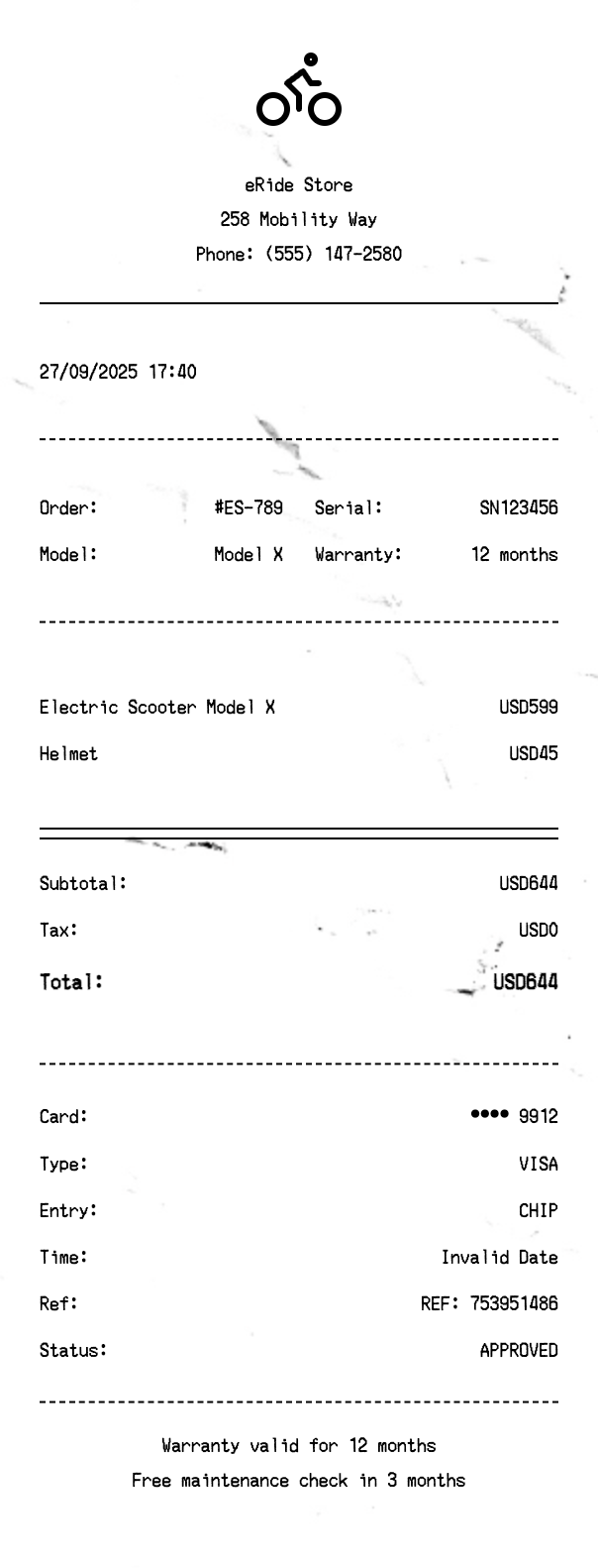 Electric Scooter Receipt - Professional receipt template preview