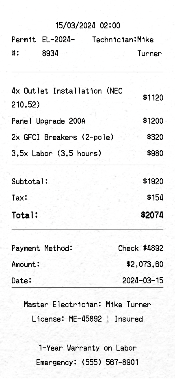Electrician Receipt - Professional receipt template preview