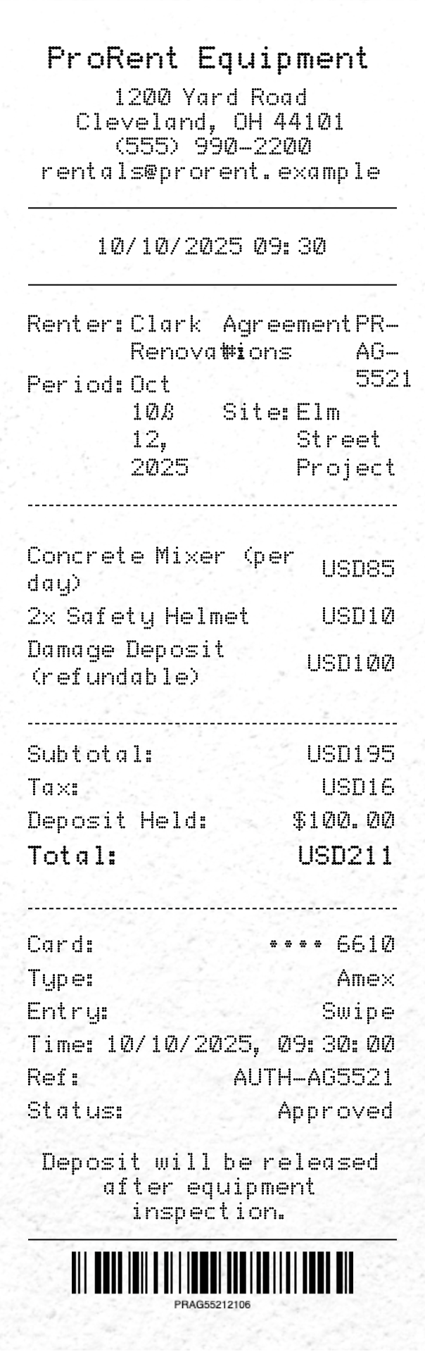Equipment Rental Receipt - Professional receipt template preview