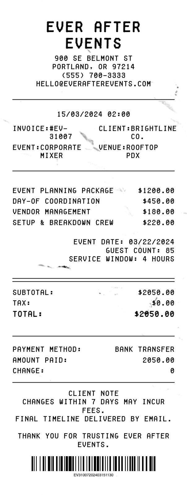 Event Organizer Receipt - Professional receipt template preview