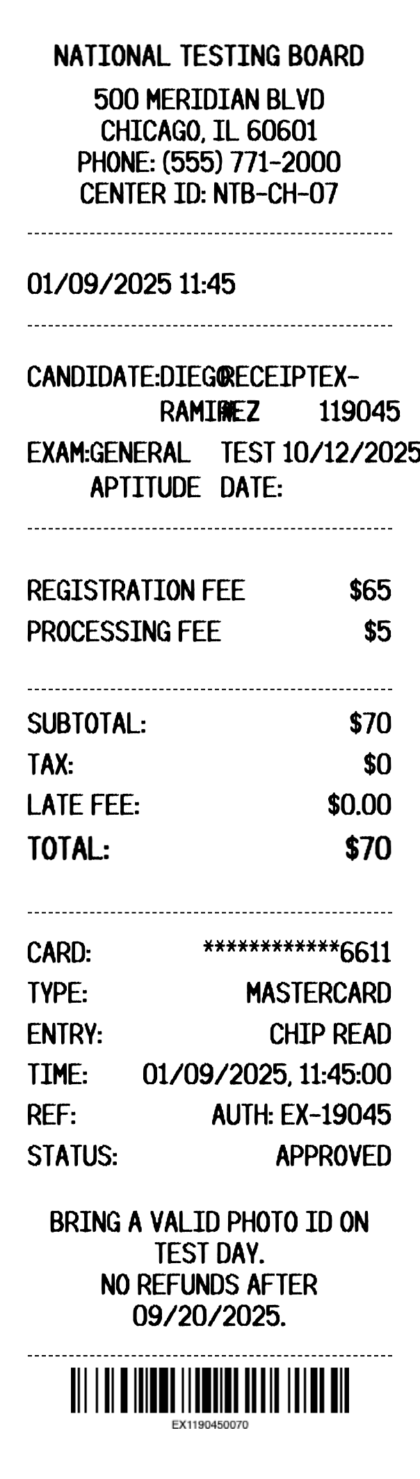 Exam Registration Receipt - Professional receipt template preview