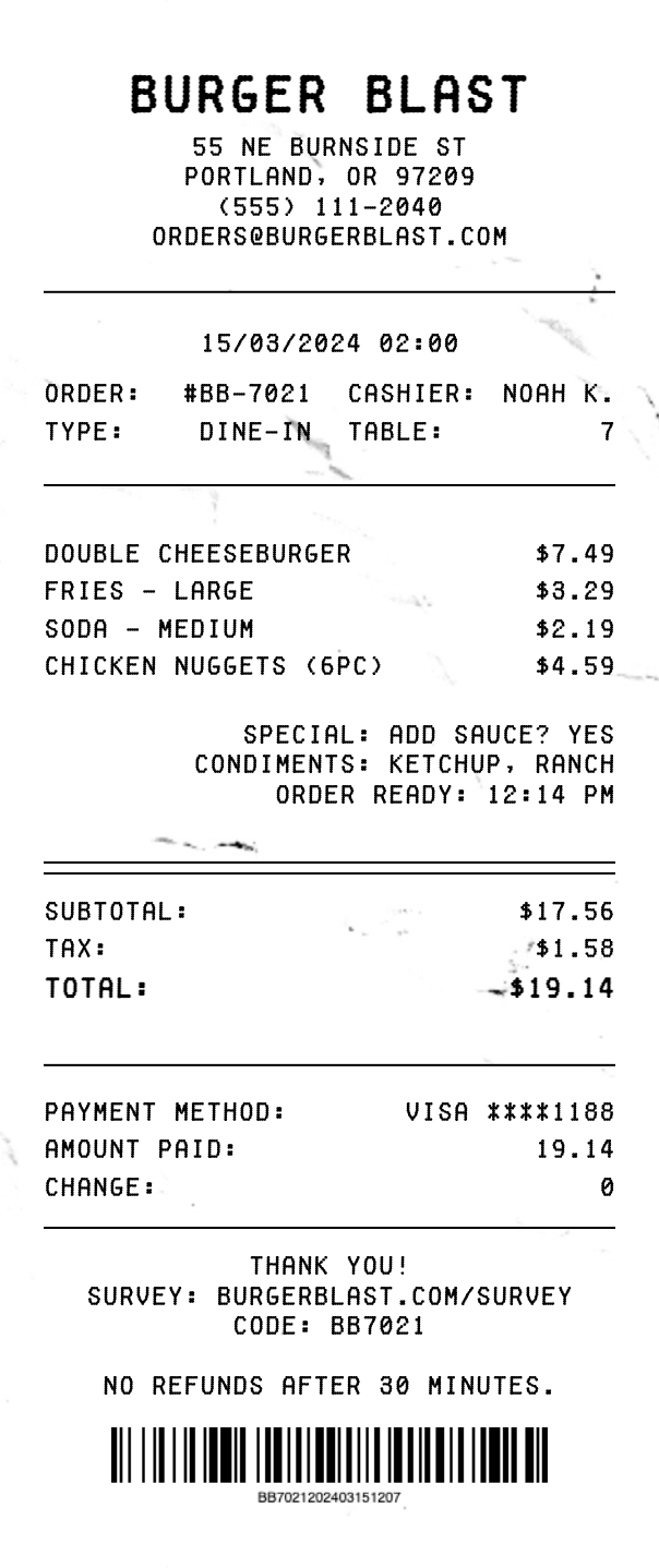 Fast Food Receipt - Professional receipt template preview