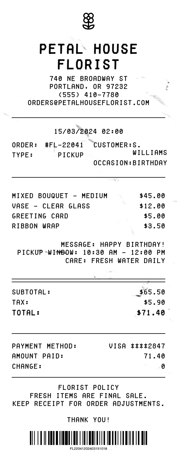 Florist Receipt - Professional receipt template preview
