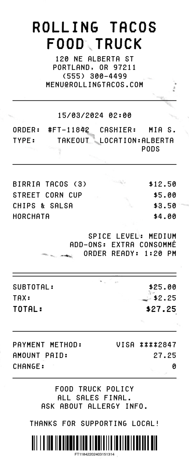 Food Truck Receipt - Professional receipt template preview