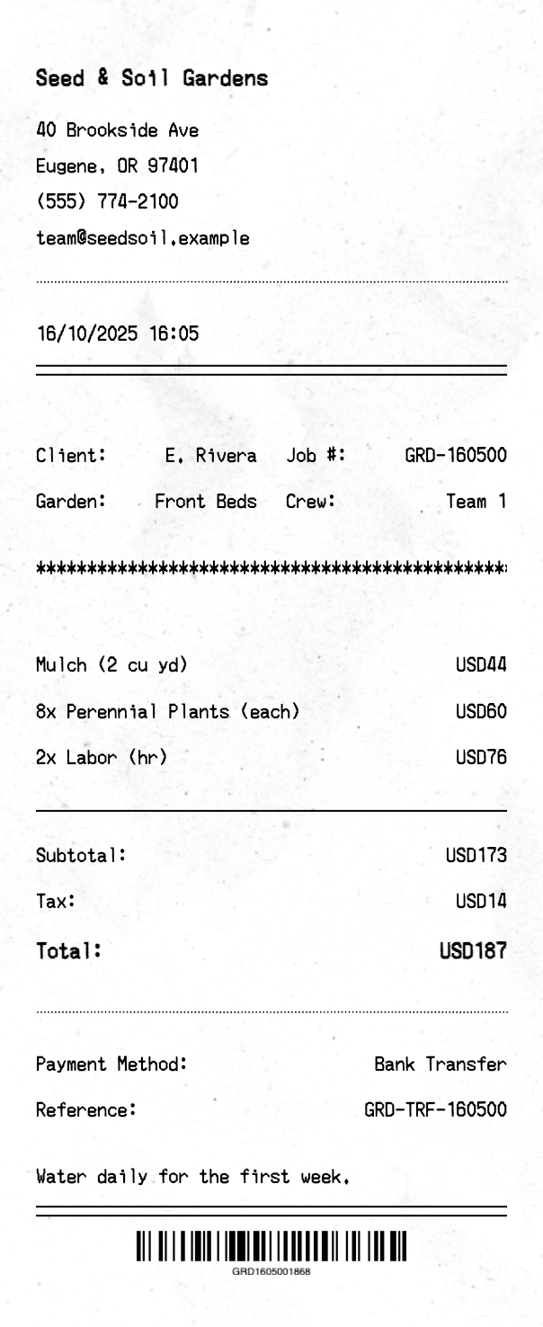 Gardening Service Receipt - Professional receipt template preview