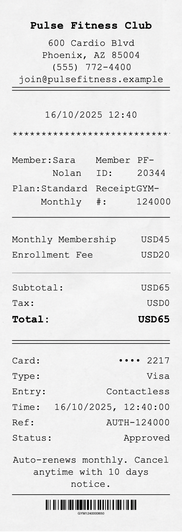 Gym Membership Receipt - Professional receipt template preview