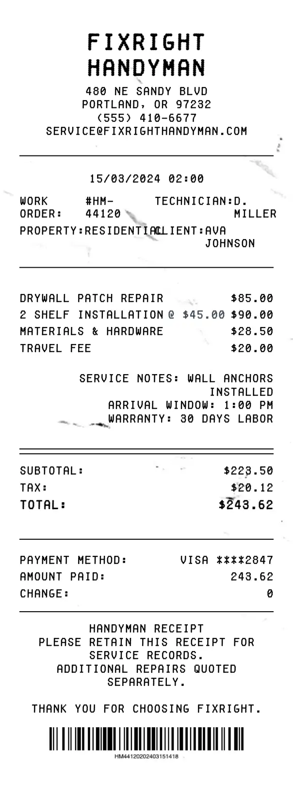 Handyman Receipt preview