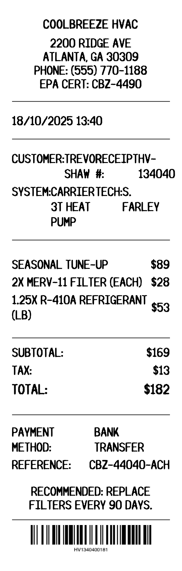 HVAC Service Receipt preview