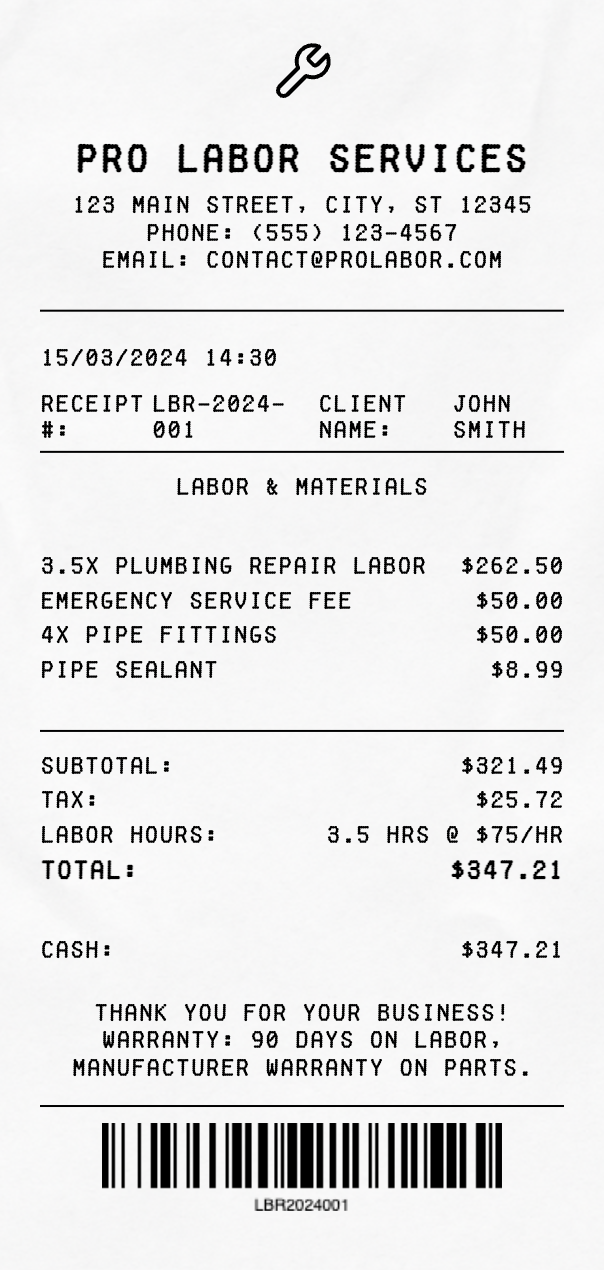 Labor Receipt receipt template preview