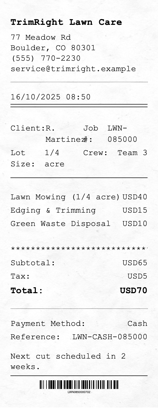 Lawn Mowing Receipt - Professional receipt template preview