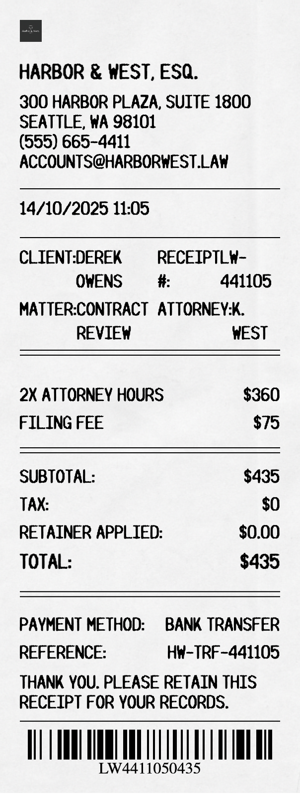 Lawyer Receipt - Professional receipt template preview