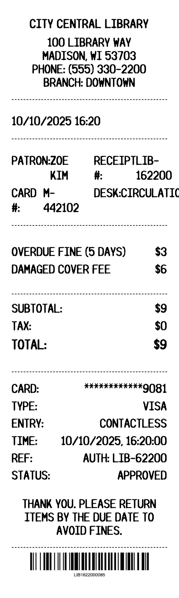 Library Fine Receipt - Professional receipt template preview
