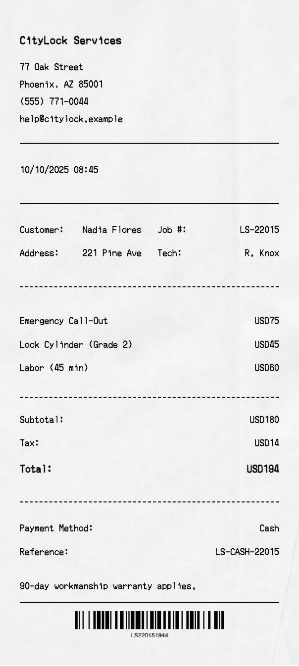 Locksmith Receipt - Professional receipt template preview