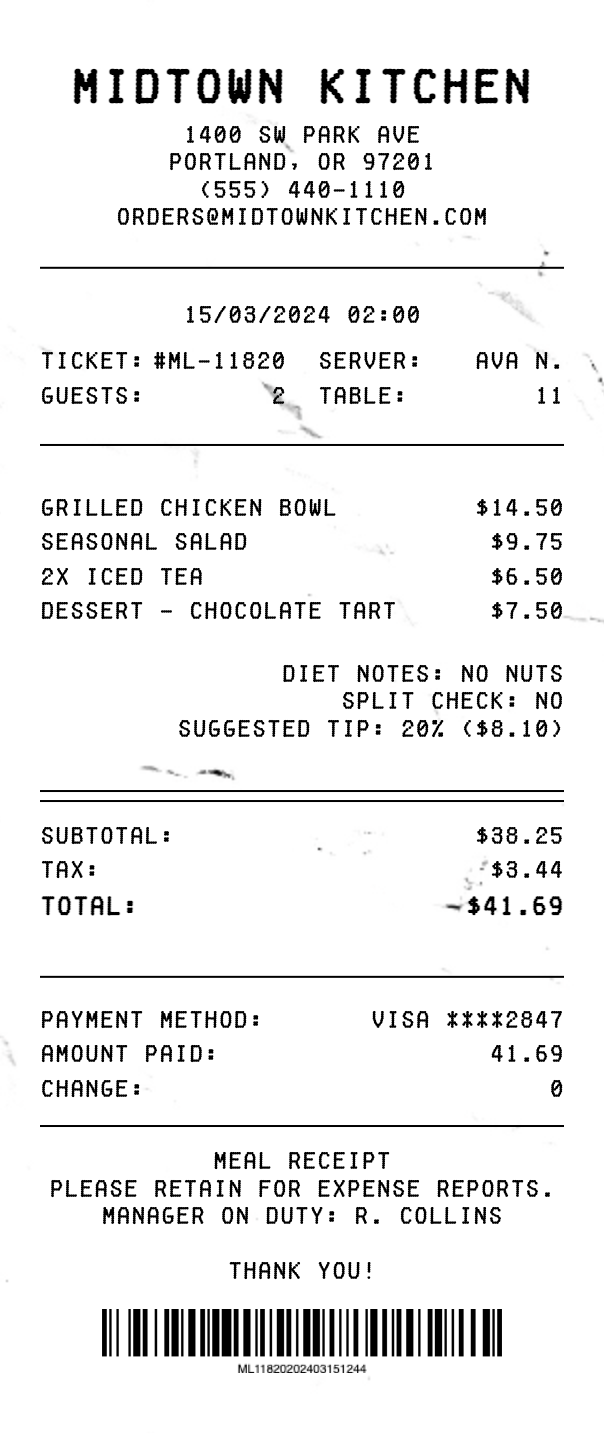 Meal Receipt - Professional receipt template preview