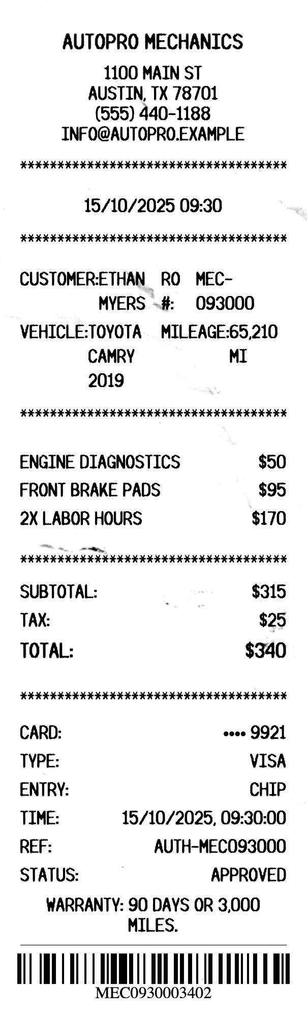 Mechanic Receipt - Professional receipt template preview