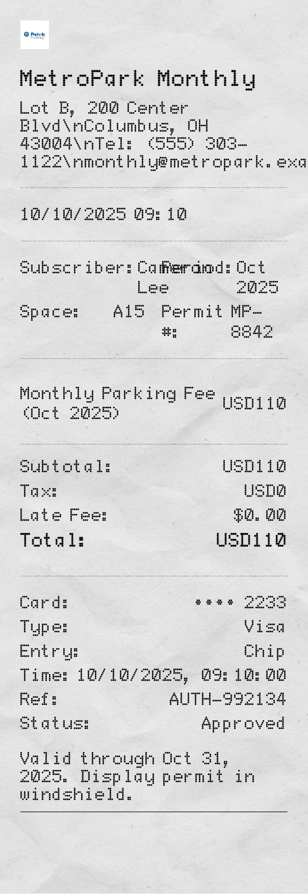Monthly Parking Receipt - Professional receipt template preview