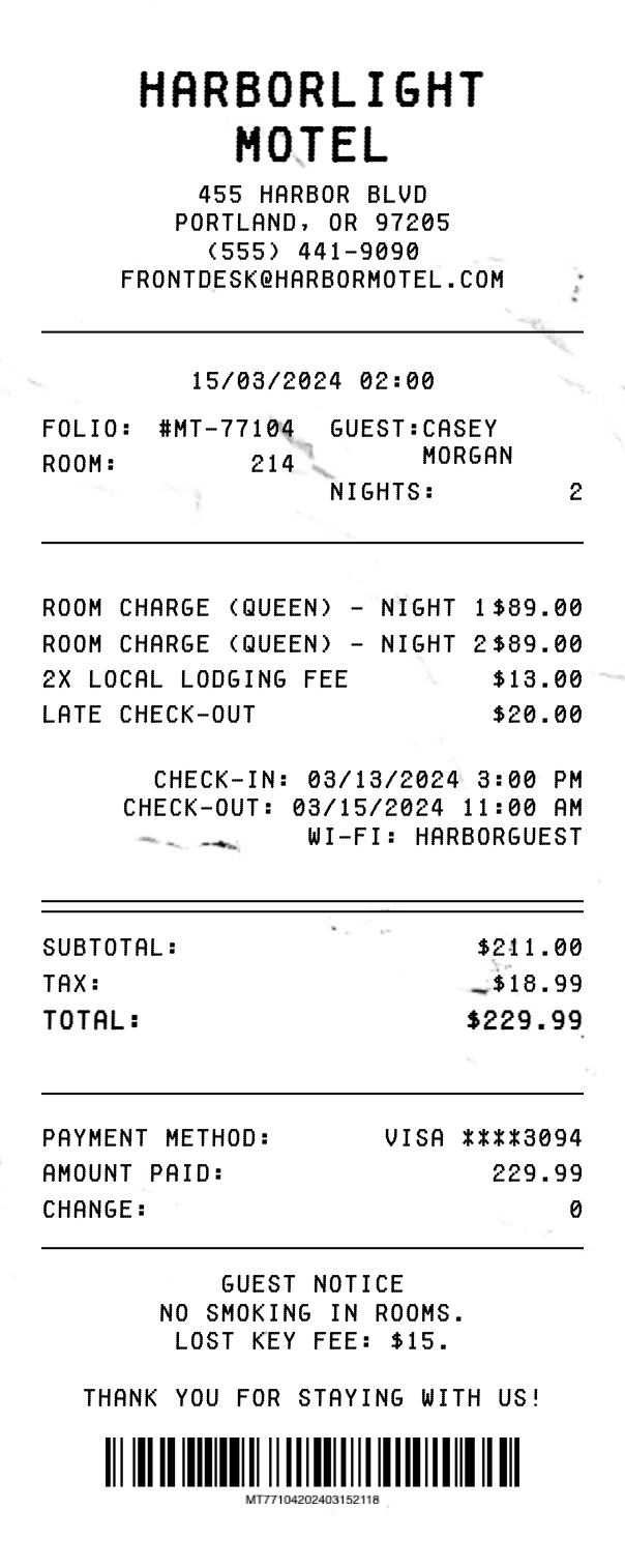 Motel Receipt - Professional receipt template preview