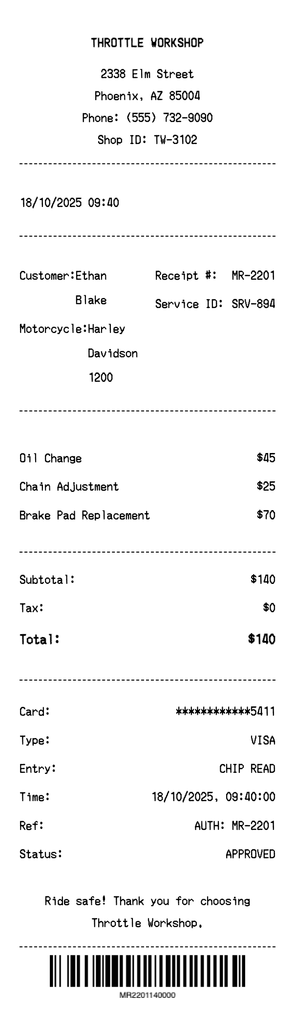 Motorcycle Repair Receipt - Professional receipt template preview